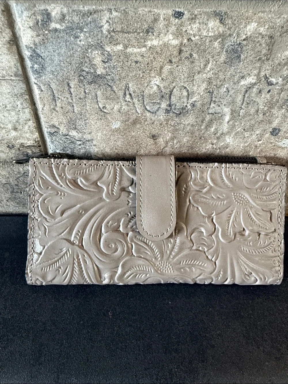 Patricia Nash Embossed Floral Frame Wristlet Bag in Taupe